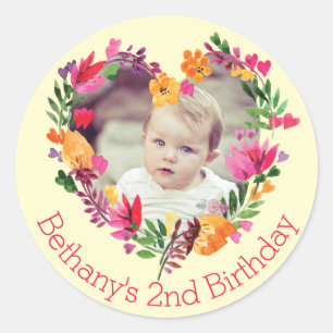 Sticker Rond Photo d'anniversaire de bébé floral de coeur