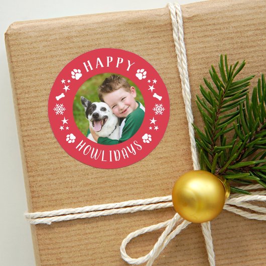 Sticker Rond Photo de chien de compagnie rouge Joyeux Howlidays
