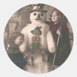 Sticker Rond Photo de Christmas Girls et Snowman Vintage