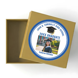Sticker Rond Photo de diplômé bleu personnalisé Fête de fin d'é