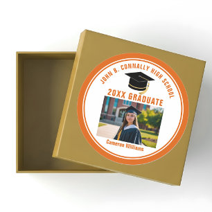 Sticker Rond Photo de diplômé orange personnalisé Fête de fin d