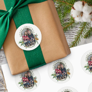 Sticker Rond Photo de famille avec houx et pin Joyeux Noël