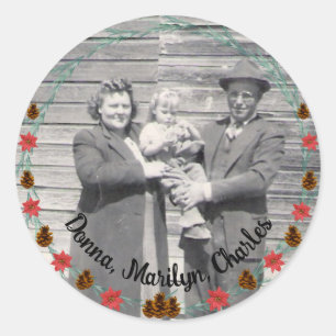Sticker Rond Photo de famille Pinecones, Boughs, Poinsettias fr