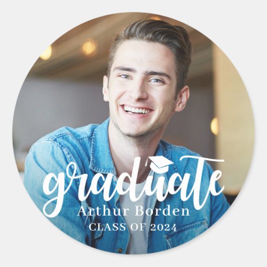 Sticker Rond Photo de Graduation de Script blanc moderne (Devant)