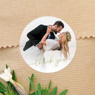 Sticker Rond Photo de mariage Merci Script Or Cercle