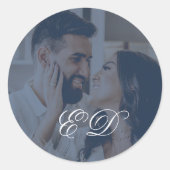 Sticker Rond Photo de monogramme de calligraphie classique bleu (Devant)