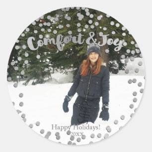 Sticker Rond Photo de Noël Comfort & Joy Silver Holiday
