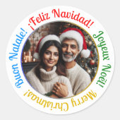 Sticker Rond Photo de Noël multilingue personnalisée (Devant)