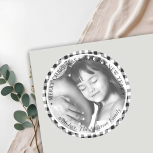 Sticker Rond Photo de Noël Noir Blanc Plaid En vichy Motif