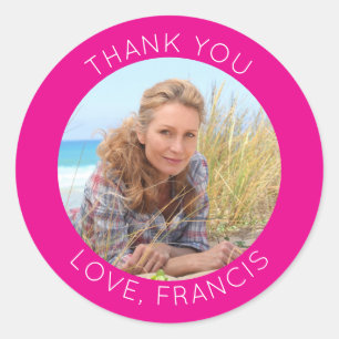 Sticker Rond Photo de remerciement minimaliste moderne rose cha
