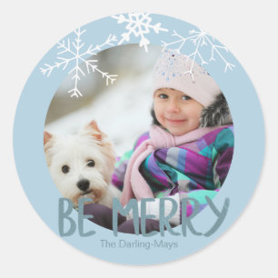 Sticker Rond Photo de vacances Joyeux Noël Flocons bleus