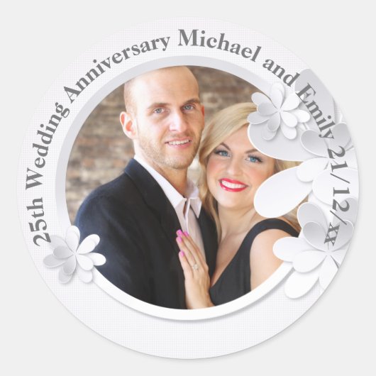 Sticker Rond PHOTO DU 25e ANNIVERSAIRE Mariage Argent (Devant)