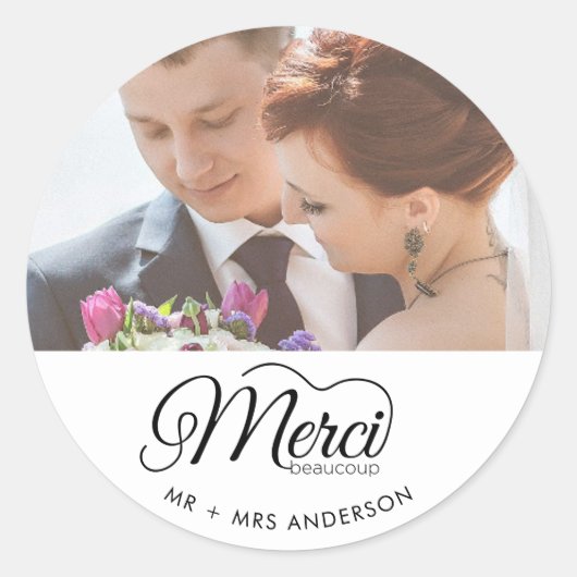 Sticker Rond Photo du jour de mariage Merci Beaucoup (Devant)