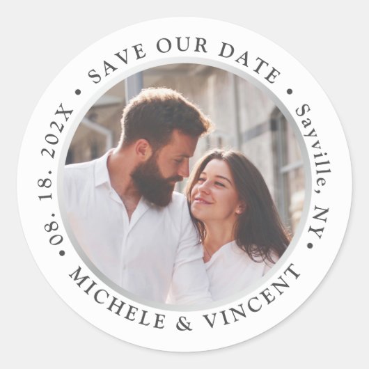 Sticker Rond Photo En Argent Moderne Simple Enregistrer La Date (Devant)