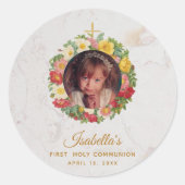 Sticker Rond Photo en marbre de la première communion de fille (Devant)