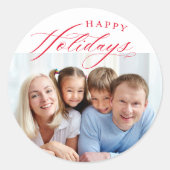 Sticker Rond PHOTO FAMILIALE Happy Holidays calligraphie rouge (Devant)
