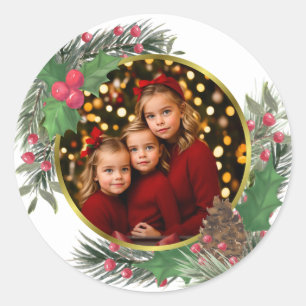 Sticker Rond Photo Festive Holly & Pine Christmas ou Holiday