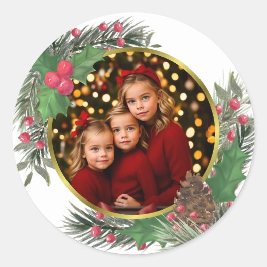 Sticker Rond Photo Festive Holly & Pine Christmas ou Holiday (Devant)