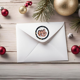 Sticker Rond Photo Feuilles de Noël Moderne Bleu Et Or