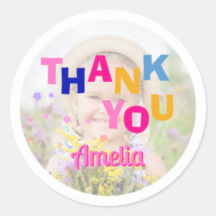 Sticker Rond Photo fille couleur mignonne Merci d'anniversaire