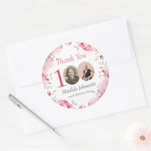 Sticker Rond Photo Floral Rose Élégant Remerciement 100e Annive