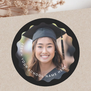 Sticker Rond Photo Graad School graduation noir bordure ondulée