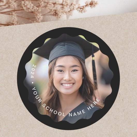 Sticker Rond Photo Graad School graduation noir bordure ondulée