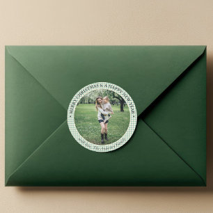 Sticker Rond Photo Green Plaid En vichy Rustique Vintage Noël