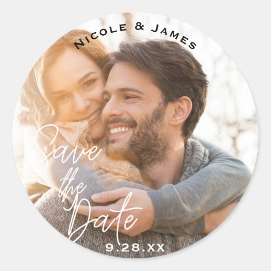 Sticker Rond Photo Image Blanc Moderne Script SAUVEGARDEZ LA DA (Devant)