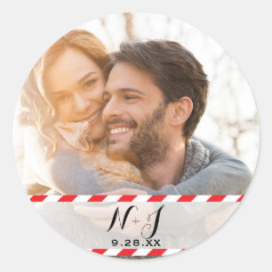 Sticker Rond Photo Image Rouge Blanc Faveur de Mariage de Vacan