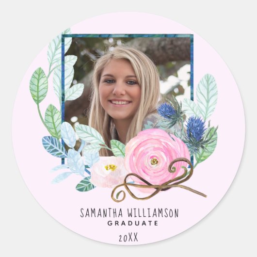 Sticker Rond Photo moderne Graduation florale personnalisée (Devant)