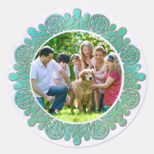 Sticker Rond Photo personnalisé de famille avec mandala turquoi