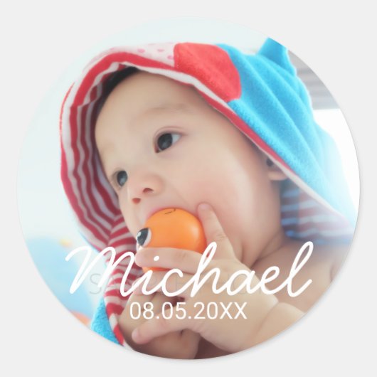 Sticker Rond Photo personnalisée avec nom et date (Devant)