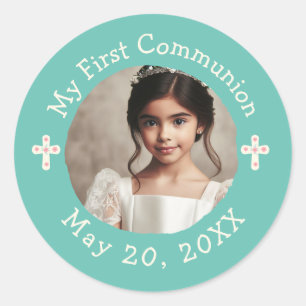 Sticker Rond Photo personnalisée Ma première communion Croix fl
