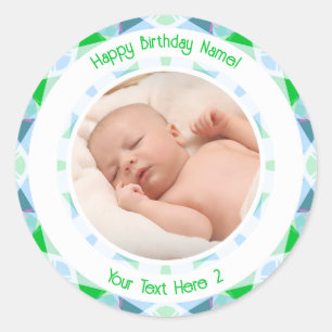Sticker Rond Photo personnalisée Nom Age bleu vert Anniversaire