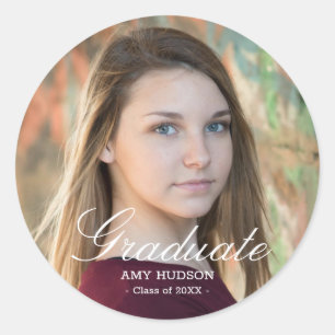 Sticker Rond Photo personnalisée pour un diplômé de script blan