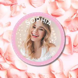 Sticker Rond Photo personnalisée rose moderne 21e anniversaire