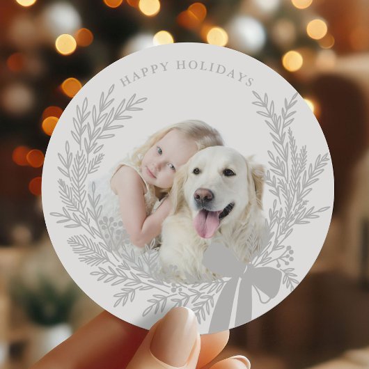 Sticker Rond Photo Silver Grey Christmas Wreath