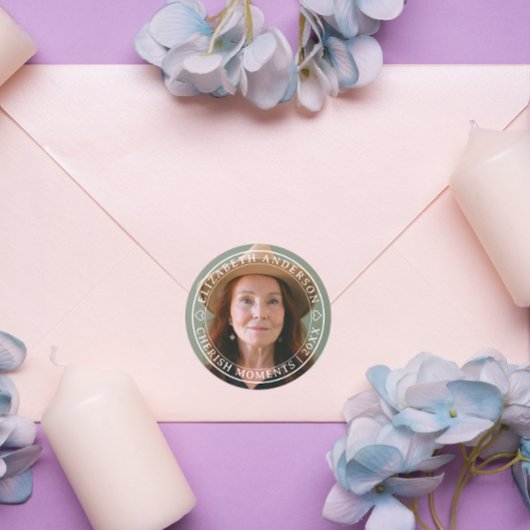 Sticker Rond Photo simple élégante Classique Blanc Script Retir