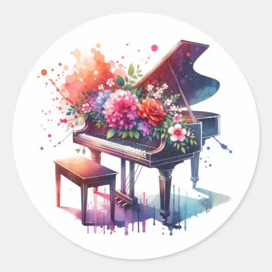 Sticker Rond Piano et Fleurs aquarelles (Devant)