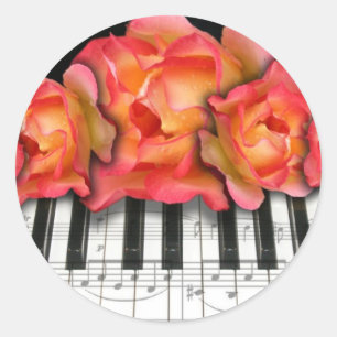 Sticker Rond Piano Keyboard Roses et notes musicales