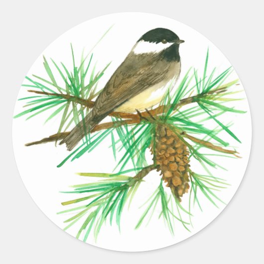 Sticker Rond Pickadee noir blanc Pine Cône Tassel (Devant)