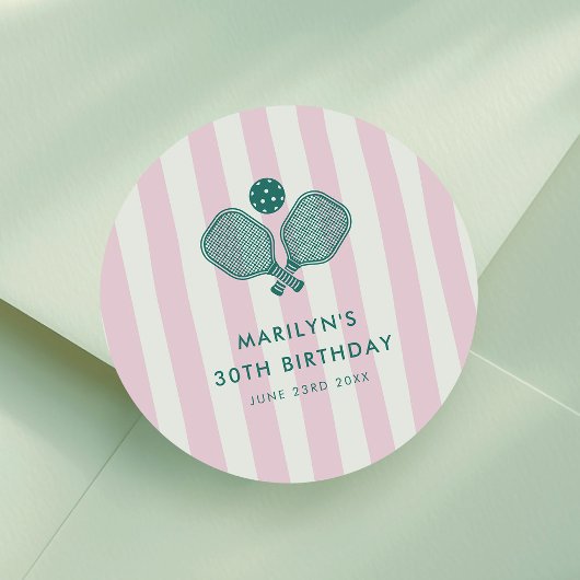Sticker Rond Pickleball Pink Green Preppy fête d'anniversaire