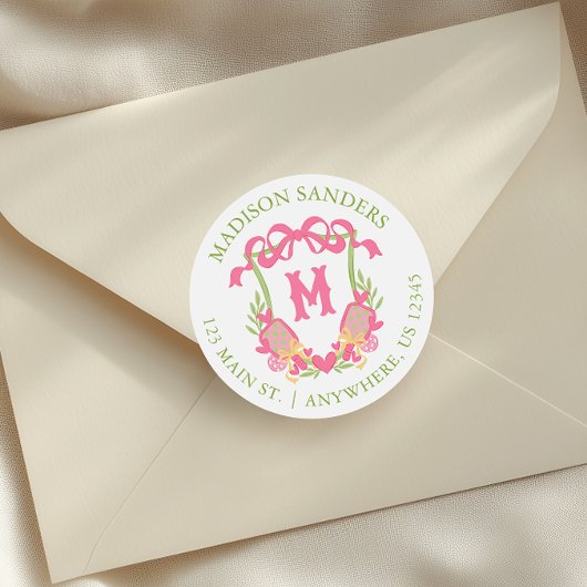Sticker Rond Pickleball rose et vert Monogram Crest Adresse
