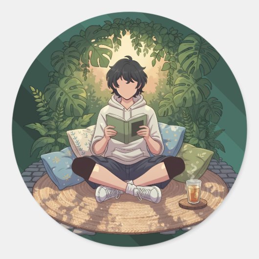 Sticker Rond Pièce d'art de lecture de jardin cosy (Devant)