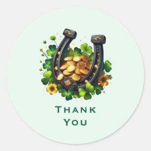 Sticker Rond Pièces d'or Lucky Horseshoe et Merci de Clover