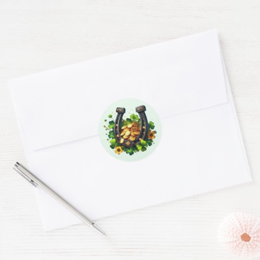 Sticker Rond Pièces en or Lucky Horseshoe et Clover (Enveloppe)