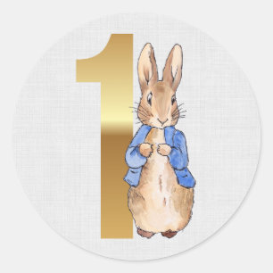 Sticker Rond Pierre le lapin 1er anniversaire Gris Lin Texture