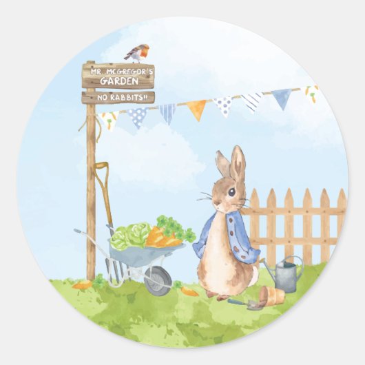 Sticker Rond Pierre le lapin dans son jardin (Devant)