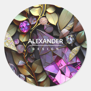 Sticker Rond Pierres de cristal Iridescente, Rose, Fuchsia, Or